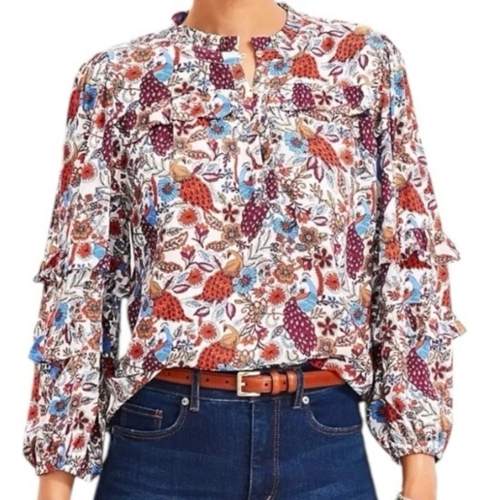 LOFT Womens Peacock Floral Ruffle Sleeve Henley Blouse Multicolor Top Size XL‎